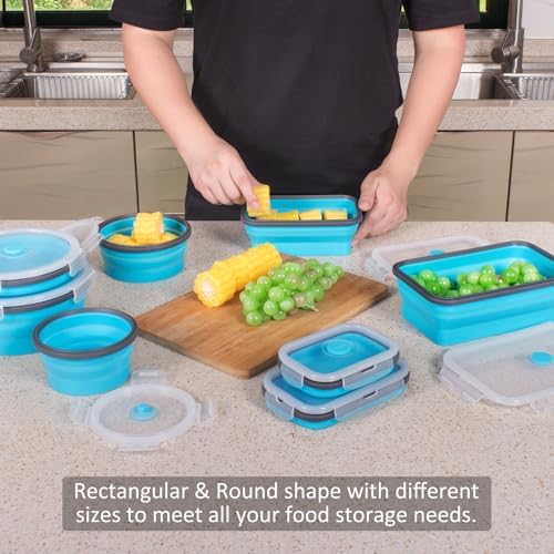 8 Pack Collapsible Food Storage Containers with Lids, Silicone Collapsible Food Containers, Collapsible Storage Containers Sets for Snack Camping RV, Microwave Freezer Dishwasher Safe, Blue - Image 2