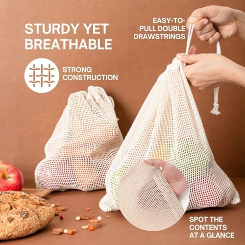 Reusable Mesh Produce Bags, Cotton Drawstring, Set of 6 - Image 5