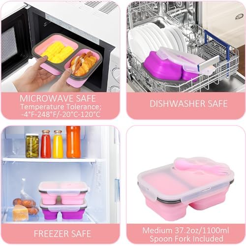 2 Pack Collapsible Silicone Lunch Box Set, 2 Compartments Bento Boxes with Lids, Food Storage Containers for Meal Prep, Office, Travel, Camping, BPA Free - Image 5