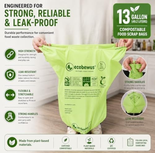 Certified Compostable 13 Gal Bags (35 Bags) Tall Kitchen Food Scrap Bags Certified Compostable Trash Bags BPI Certified Compostable & TÜV OK Compost HOME Certified, Meets ASTM D6400 (35 ct.) - Image 3