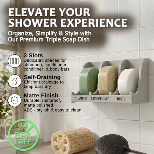 Soap Holder for Shower Wall, 3-Compartment Soap Dish [Patent Pending] - Image 2