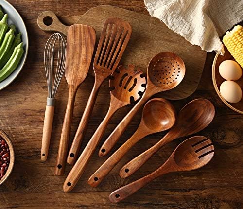 Wooden Kitchen Utensils set, 7Pcs Wooden Spoons for cooking Natural Teak Wood Kitchen Spatula Set for Cooking including Spoon Ladle Fork - Image 3