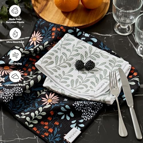 RECYCO Waffle Kitchen Towel Set of 2 - Quick Dry Microfiber Sustainable Dish Towels - Ultra Absorbent Reusable Cleaning Tea Towels - Lightweight Hand Towels,16”x 28”, Enchanted Bloom - Image 2