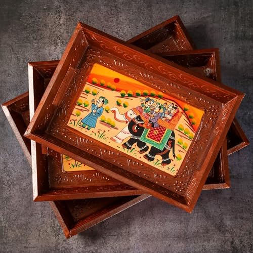 Swadeshi Blessings Hand-Painted Wooden Serving Tray Set of 3, Brown by SwadeshiBlessings