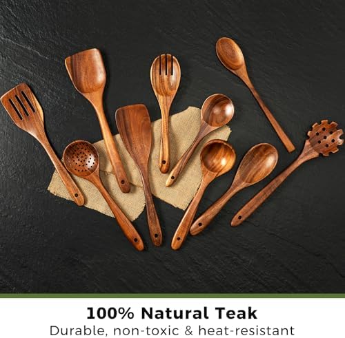10 Pcs Teak Wooden Utensil Set, Wooden Spoons & Spatula for Cooking - Image 2