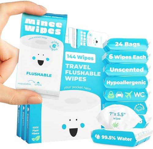 Impossibly Compact Travel Flushable Wipes - 99.5% Water and Aloe - Safe for Sensitive Skin & Hypoallergenic - Travel Essentials for Adults & Kids, Unscented, 24 Pack 144 Wipes by MINEEWIPES