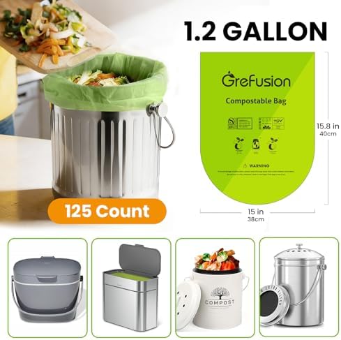 GreFusion Compostable Bags 1.2 Gallon,125 Count, Fits 0.75,1,1.2,1.3,1.6,1.8 Gallon Countertop Bin, Small compost bags, Certified by BPI, ASTM D6400 and OK Compost - Image 2