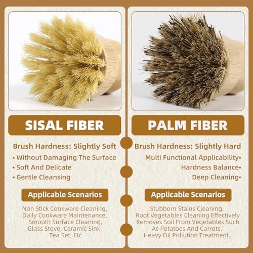4 Pack Bamboo Dish Brush Set, Natural Palm Dish Scrubber for Pots and Vegetables, Sisal Bristle Bamboo Scrub Brush for Cleaning Dishes and Pans - Image 4
