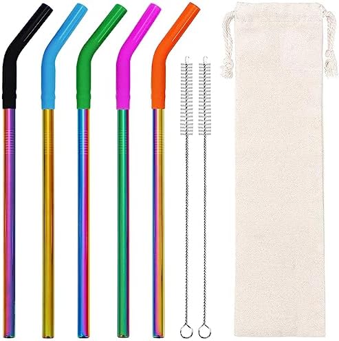 Lazycorner Reusable Stainless Steel Straws Metal Straw with Silicone Tip 5 Pcs 8mm Wide for 20/30/32oz Tumblers Smoothies and Shakes with 2 Cleaning Brushes,1 Portable Bag (Rainbow) by Lazycorner