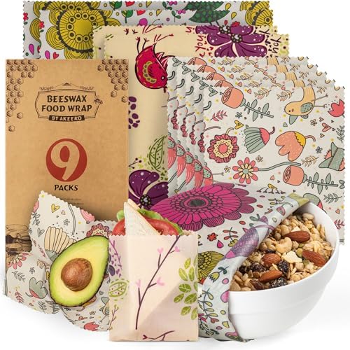 Akeeko Reusable Beeswax Food Wraps - Assorted 9 Packs, Reusable, Plastic-Free Food Storage, 5 Small, 2 Medium, 1 Large, 1 Extra Large Wraps with Plants and Boho Birds Pattern by Akeeko
