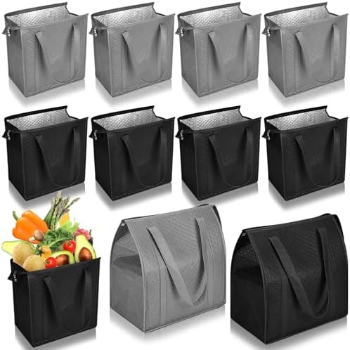 10 Pack 10 Pack Large Insulated Grocery Bag Zippered, Grey,Black by Locmeo