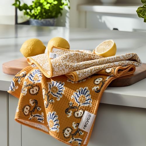 RECYCO Waffle Kitchen Towel Set of 2 - Quick Dry Microfiber Sustainable Dish Towels - Ultra Absorbent Reusable Cleaning Tea Towels - Lightweight Hand Towels,16”x 28”, Marigold Mosaic by RECYCOHOMECOLLECTION