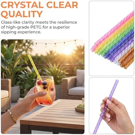 50PCS Reusable Straws with Cleaner Brush, 9.06" Long Colorful Clear Hard Plastic Swirl Drinking Straws for 12 oz 16 oz Mason Jar, Tumblers, Milk, Juice, Iced Coffee, Smoothies, Cocktail - Image 4