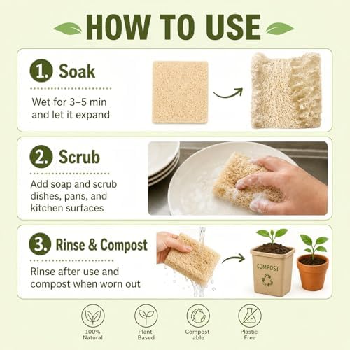 Natural Loofah Dish Sponge, 100 Count Plant-Based Kitchen Cleaning Pads, Biodegradable Compostable Scouring Pads for Dishes, Pots, Pans and Sink, 2.75 x 2.75 Inch - Image 5