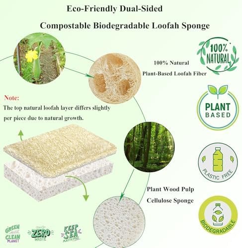 Natural Loofah Kitchen Sponges, 8 Pack Eco Compostable Cellulose Dish Washing Scrubbers, Non-Scratch Plastic-Free Cleaning Sponge Pads for Dishes, Pans, Sink, Cookware & Bathroom - Image 2