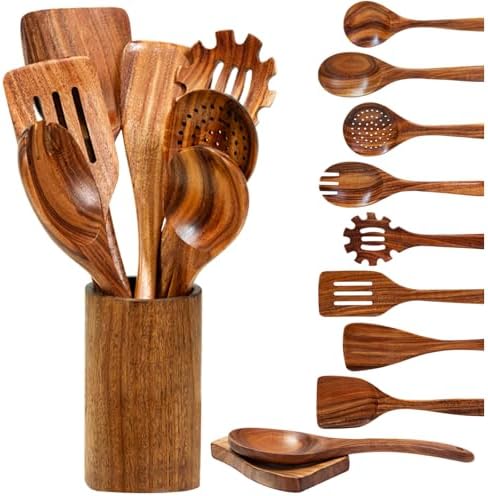 10 Pcs Teak Wooden Utensil Set, Wooden Spoons for Cooking by Vorisebo
