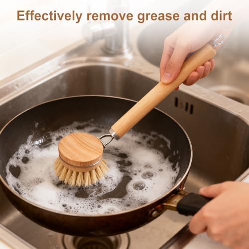 Bamboo Dish Brush Set, Natural Wooden Handle Dish Scrubber with 2PCS Mini Palm Brushes & Holders, Kitchen Brush with 1 Adhesive Hook for Pan Pots Dishes Vegetable - Image 5