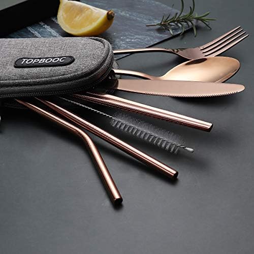 Portable Stainless Steel Flatware Set, Travel Camping Cutlery Set, Portable Utensil Travel Silverware Dinnerware Set with a Waterproof Case (Rose God) - Image 2