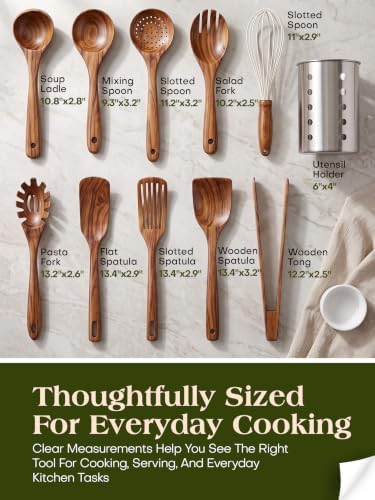 AIUHI 11-Piece Natural Teak Wood Kitchen Utensil Set with Holder, Wooden Spoons and Cooking Utensils for Nonstick Cookware, Includes Spatulas, Ladle and Whisk - Image 2
