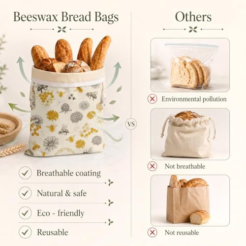 Britimes Reusable Bread Bags Set, Beeswax, XL, Zero Waste, Honeybee Bee - Image 5