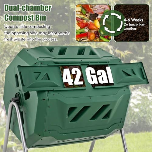 Goplus Compost Tumbler, 43 Gallon Rotating Compost Bin Barrel, Dual Chamber Tumbling Composter with Sliding Door, Gloves, Aeration System for Outdoor, Garden, Yard - Image 2