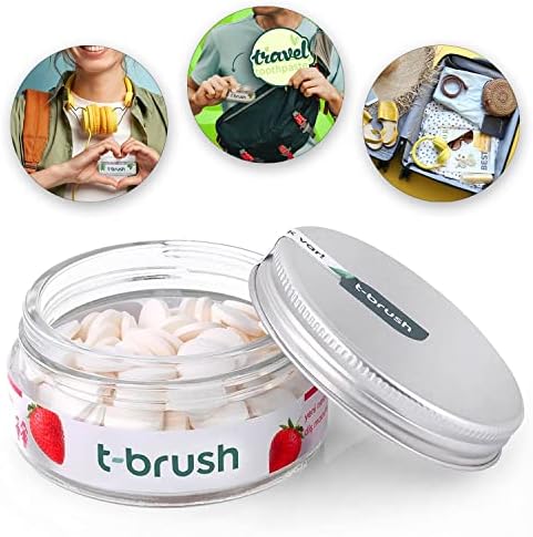 T-brush Whitening Travel Toothpaste Tablets Natural Ingredients, SLS Free, Gluten Free, Cruelty Free, Eco Friendly Packaging, Vegan - Strawberry Fluoride Free - 90 Tablets by t-brush