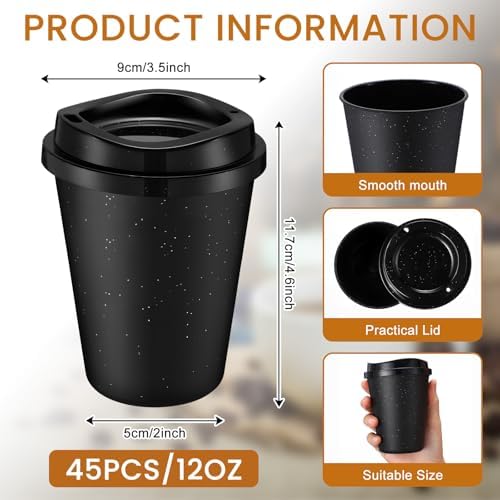 Honeydak 45 Pack 12 oz Reusable Coffee Cups with Lids Portable Tea Cups Reusable Hot Coffee Mugs Tumblers Bulk Plastic Tumblers Travel Drinks Mugs for Hot and Cold Drinks (Black,Stylish) - Image 3