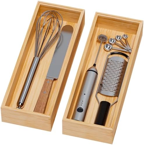 Kitchen Drawer Organizer Bins, Stackable Bamboo Deep Drawer Organizer for Silverware, Utensils, Cutlery, Flatware, Junk Drawer, Dresser, Bathroom, 14" x 5" x 2.5" (Set of 2) by Greatseas