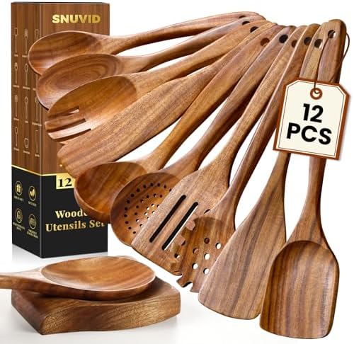 Wooden Spoons for Cooking, 12 Pcs Teak Wood Kitchen Utensils Set with Spoon Rest - Nonstick Heat Resistant Wooden Cooking Utensils, Natural Healthy Spatula Set for Pots and Pans by Unknown