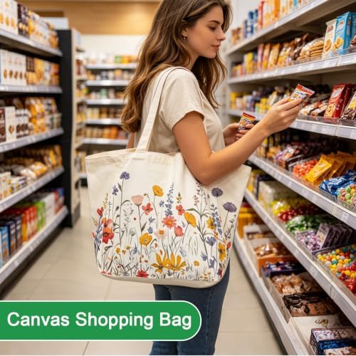 Aesthetic Canvas Reusable Grocery Bags Heavy Duty, 8.3 gal Foldable Large Tote Bag with Handles, Holds 60 lbs & Washable Eco-friendly Bags with 5 Pockets, Beige with a print 3 Bags（Wildflowers） - Image 2