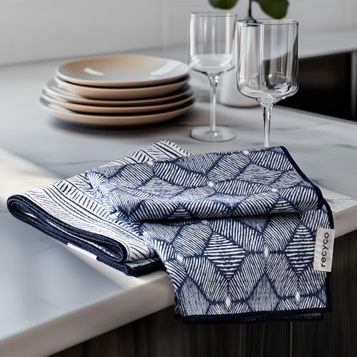 RECYCO Waffle Kitchen Towel Set of 2 - Quick Dry Microfiber Sustainable Dish Towels - Ultra Absorbent Reusable Cleaning Tea Towels - Lightweight Hand Towels,16”x 28”, Indigo Harmony by RECYCOHOMECOLLECTION