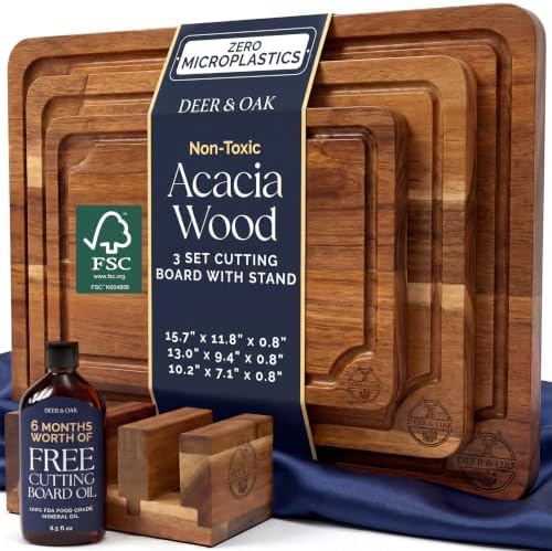 Deer & Oak Non Toxic 3-Piece Acacia Cutting Board Set with Stand - 5 pack by DeerOak