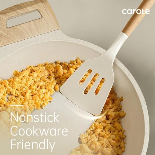 CAROTE 10-Piece Kitchen Utensils Set with Wood Cool-Touch Handles, Cream - Image 4