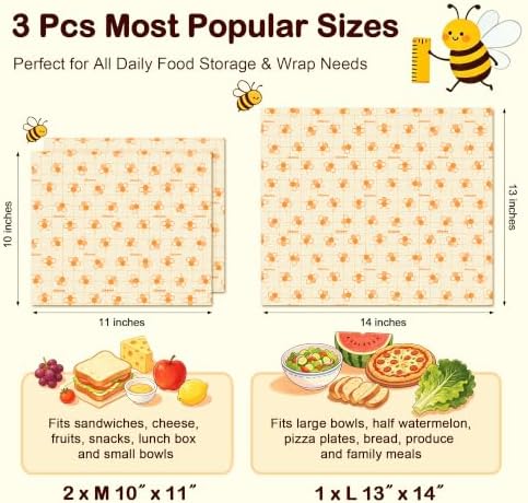 3 Pack Beeswax Wraps for Food - 1 Large & 2 Medium Bees Wax Wraps Reusable Eco-friendly Beeswax Paper Food Wraps, Plastic Free Beeswax Bread Wraps Food Storage Wraps for Sourdough Sandwich Bowl Covers - Image 3
