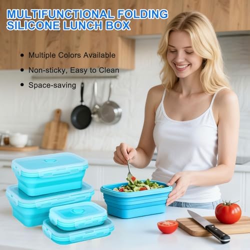 Collapsible Silicone Food Storage Containers 4 Set Airtight Leak Proof Food Containers with Lids Stackable Meal Prep for Microwave Freezer Dishwasher for Kitchen Camping Office Blue - Image 6