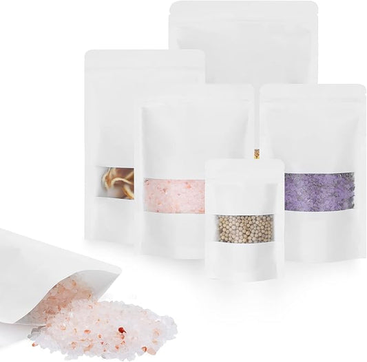 100pcs Kraft Bags with Window 5.9x8.6 Inches White Reusable Sealable Ziplock Food Storage Stand up Paper Pouches for Home or Business