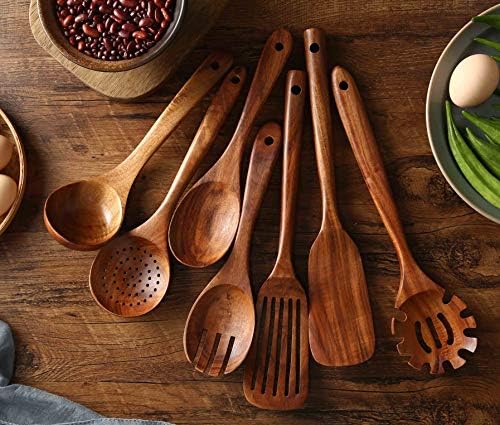 Wooden Kitchen Utensils set, 7Pcs Wooden Spoons for cooking Natural Teak Wood Kitchen Spatula Set for Cooking including Spoon Ladle Fork - Image 4