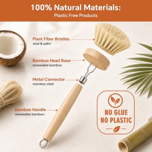 DEBETOOL Bamboo Dish Brush with Handle & 4 Replacement Heads - Image 5