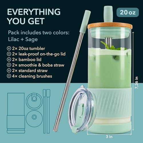Pandaloo® Glass Cups With Lids and Straws -20 Fl Oz- Perfect Size Iced Coffee Cup - Smoothie Cup With Bamboo Lid and On the go Lid - Glass Tumbler (2 Count (Pack of 1), Lilac-Sage) - Image 2