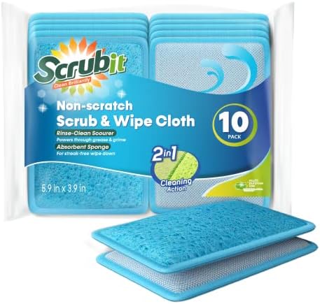 Scrub and Wipe Cleaning Sponges [10 Pack] – SCRUBIT Dual Sided Scouring Pad and Sponge - Reusable Kitchen Scrubbing Sponges for Dishes, Pots, Pans Utensils & Non-Stick Cookware (Blue) by SCRUBIT