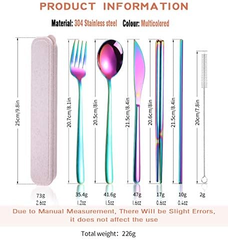 AARAINBOW 6 Pieces 18/8 Stainless Steel Flatware Set Portable Reusable Cutlery Set Travel Utensils Set Including Chopsticks Knife Fork Spoon Straws Cleaning Brush Dishwasher Safe (Multicolored) - Image 2