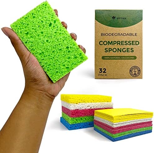 AIRNEX Compressed Cellulose Sponges - 32 Pack Natural Pop Up Dish Sponge for Kitchen - Compostable Plant-Based Cleaning Sponges Bulk – Non Scratch Natural Sponge for Dishes & Household Cleaning by Airnex