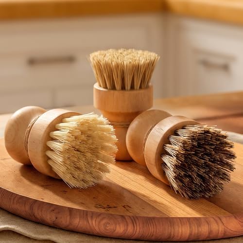 Wood Dish Brush, Natural Fiber Kitchen Scrubber with Ergonomic Grip, 3 Pack - Image 3