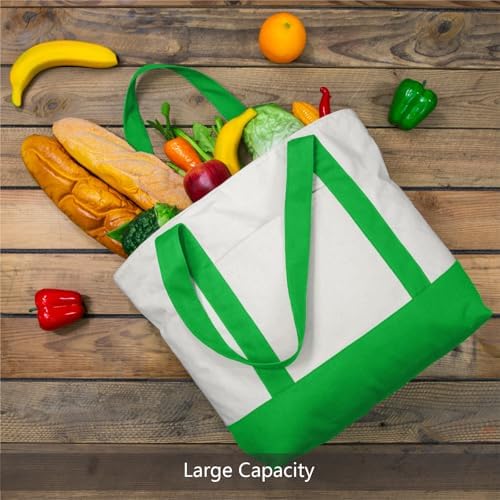 TOPDesign 3-Pack Canvas Tote Bags with an External Pocket, Reusable Grocery Shopping Bags, Top Zipper Closure, Daily Essentials (Lime Green/Natural) - Image 4