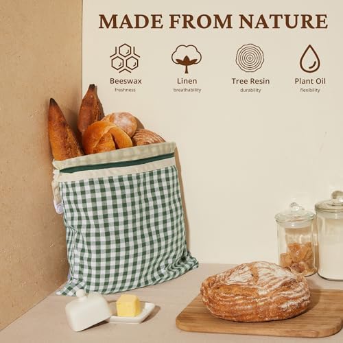 BRONYPRO Reusable Beeswax and Linen Bread Bags with Zipper, 2-Pack Waxed Bread Bags for Homemade Bread & Sourdough, Sustainable Loaf Storage to Lock in Freshness, Large 17x12.6in, Green Gingham - Image 2