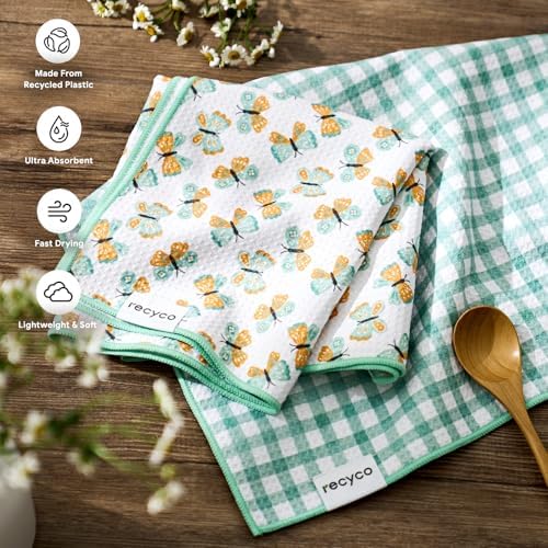 RECYCO Waffle Kitchen Towel Set of 2 - Quick Dry Microfiber Sustainable Dish Towels - Ultra Absorbent Reusable Cleaning Tea Towels - Lightweight Hand Towels,16”x 28”, Butterfly Gingham - Image 3