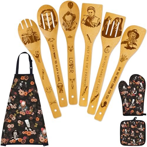 Horror Merch,9Pcs Bamboo Cooking Utensils Set,Spoons with Apron Oven Mitts Pot Holder,Halloween Horror Gifts for Men Women,Horror Decor,Horror Collectibles,Spooky Kitchen Accessories by Tbwoet