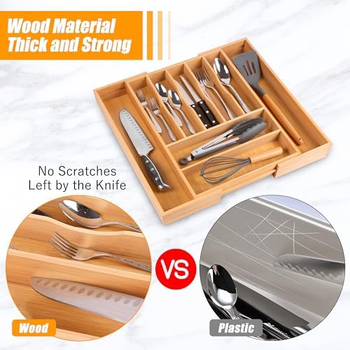 Bellsal Large Premium Bamboo Silverware Organizer - Expandable Utensil Drawer Organizer - 17"x19.6" Utensil Holder and Cutlery Tray with Grooved for Kitchen Flatware and Utensils Mother's Day Gift - Image 5