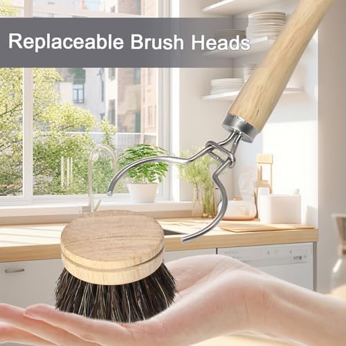 5 Pc Wood Dish Brush, 4 Horsehair Heads with 1 Handle - Image 5