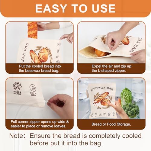 2 Pack Reusable Beeswax Bread Bags for Sourdough, Cotton Bread Bag with Wide Zipper Opening & Handle, XL Bread Bags for Homemade Bread, Keeps Bread Fresh Longer - Image 6